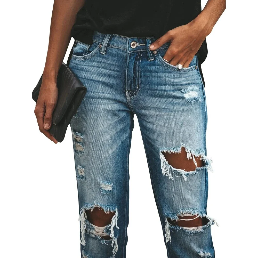 KUNMI Women's Ripped Mid Waisted Boyfriend Jeans Loose Fit Distressed Large - Picture 4 of 5